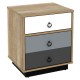 Nightstand with three drawers in white, gray, and black, made of engineered wood for versatile bedroom or living room.