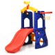 Freestanding kids slide with basketball hoop, red slide, and blue structure, made of non-toxic HDPE for indoor and.