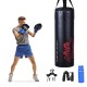 Punching boxing set with 40lbs filled sandbag, gloves, jump rope, and carrying rucksack for kids over 5 years old.