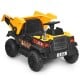 Yellow 12V battery-powered kids ride-on dump truck with electric bucket, remote control, and LED lights for outdoor fun.