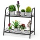 2-tier metal plant stand with a black powder-coated finish, ideal for displaying plants in gardens or balconies.