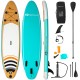 10' inflatable stand-up paddle board in teal with accessories, ideal for fishing and cruising, packed in a carry bag.