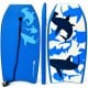 Blue bodyboard with EPS core and XPE deck, featuring shark designs, ideal for surfing and water sports.
