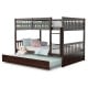 Full over full bunk bed in brown wood with trundle, ideal for kids' rooms and compact spaces, featuring sturdy slat.