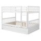 Full over full bunk bed in white with sturdy pine wood frame, 28 slats, and trundle for space-saving in kids' rooms.