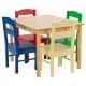 Close-up view of a blue kid's chair from a multicolor table chair set made of solid pine wood, ideal for toddlers'.
