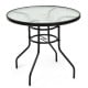 32-inch round patio table with tempered glass top and black steel frame, featuring an umbrella hole for outdoor use.