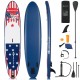 Inflatable stand up paddle board with American flag design, 11 feet long, ideal for surfing, yoga, and fishing.