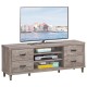 Retro wooden TV stand with 3 open shelves and 4 drawers, designed for TVs up to 65", enhancing living room aesthetics.