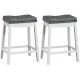 Set of 2 white nailhead saddle bar stools with gray upholstered seats, ideal for kitchen or dining areas.