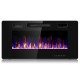 36-inch ultra-thin wall-mounted electric fireplace with 12 flame colors, remote control, and modern black glass design.