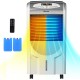 Portable air cooler fan with heater and humidifier, featuring honeycomb cooling pad and remote control for versatile.