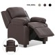 Brown PU leather kids sofa armchair recliner with flip-up storage armrest, designed for comfort and safety.