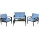 Patio furniture set featuring a cushioned loveseat, two single sofas, and a side table, perfect for outdoor relaxation.