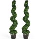 Two 4-foot artificial spiral boxwood topiaries in golden pots, perfect for indoor or outdoor decor with UV resistance.