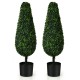 Two 3-foot artificial tower topiary trees in black pots, UV resistant for indoor and outdoor decor, lifelike appearance.