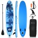 Inflatable stand-up paddleboard in blue with adjustable paddle, fins, and manual pump, ideal for water activities.