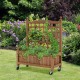 Wood planter box with trellis for climbing plants, made of fir wood, featuring wheels for mobility and drainage hole.