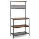 4-tier kitchen rack stand with wooden shelves, mesh panel, and 11 hooks for organized storage in kitchen or entryway.