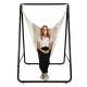 Hanging padded hammock chair with stand in beige, featuring a sturdy steel frame for indoor or outdoor use.