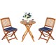 Folding wooden bistro set with cushioned navy chairs and round table, perfect for outdoor dining and relaxation.