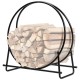 30-inch tubular steel log hoop firewood storage rack with black powder-coated finish for indoor and outdoor use.