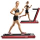 2-in-1 folding treadmill in red with dual LED display, showcasing a user jogging for versatile home workouts.