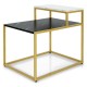 2-tier end side table with a black and white marble top, metal frame, and adjustable foot pads for living room use.