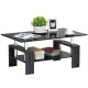 Rectangular tempered glass coffee table with gray MDF legs, featuring a shelf for storage, ideal for modern living.