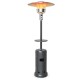 Gray propane outdoor heater with table and wheels, 87" tall, providing efficient warmth for patio gatherings.