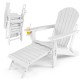 White folding Adirondack chair with retractable ottoman and cup holder, made of weather-resistant HDPE for outdoor.