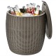 Rattan-style 9.5-gallon patio cooler with drinks and ice, serving as a cocktail table and storage box for outdoor.