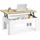 Lift top coffee table in white with wooden surface, featuring a hidden storage compartment for versatile use at home or.