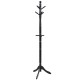 Black adjustable free-standing wooden coat rack with 9 hooks, sturdy rubberwood, and compact design for versatile use.