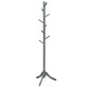 Adjustable gray wooden coat rack with 8 hooks and tri-legged base, perfect for organizing clothes and accessories.