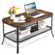 Rustic brown 2-tier industrial coffee table with octagonal top and metal mesh shelf, perfect for living room storage.