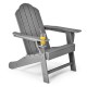 Gray outdoor Adirondack chair with built-in cup holder, made of all-weather PE material, perfect for backyard.