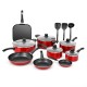 17-piece hard anodized nonstick cookware set in red, featuring various pots, pans, and utensils for versatile cooking.