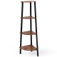 4-tier corner shelf with brown chipboard and black metal frame, ideal for compact spaces like living rooms and studies.