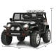 Kids electric ride-on truck in black with remote control, featuring thick wheels, lights, and sounds for fun outdoor.