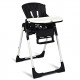 Foldable high chair in black with adjustable backrest, 5-point safety harness, and detachable dishwasher-safe tray.