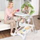 Adjustable beige high chair with storage basket, 5-point harness, and detachable cushion for babies aged 6-36 months.
