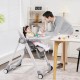Convertible gray baby high chair with wheels, adjustable height, and detachable trays for easy cleaning and storage.