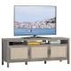 Gray universal TV stand with three cabinets and open shelf, designed for TVs up to 65 inches, perfect for storage and.