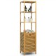 Bamboo tower hamper organizer with 3-tier storage shelves for bathroom and laundry, featuring a detachable tilt-out.