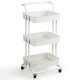 3-tier white utility cart with ABS baskets and metal frame, featuring lockable wheels for versatile storage solutions.