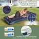 Single air mattress with coil beam support, featuring a soft flocking fabric side for comfortable camping use.