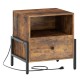 Rustic brown nightstand with charging station, open compartment, and drawer for versatile storage and convenience.
