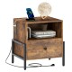 Rustic brown nightstand with charging station, drawer, and open compartment, ideal for bedside or sofa side use.
