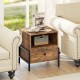 Rustic brown nightstand with charging station, spacious drawer, and open compartment, ideal for sofa side use.